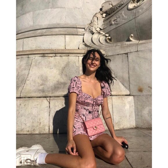 💕REALISATION PAR💕 Venus Babydoll Mini Dress ~ Pink Newspaper Print XS Y2K 90s - Picture 2 of 16